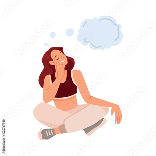 Woman Character Dreaming with Cumulus Cloud Imagining Vector Illustration