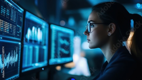 woman analyzing financial data on multiple screens