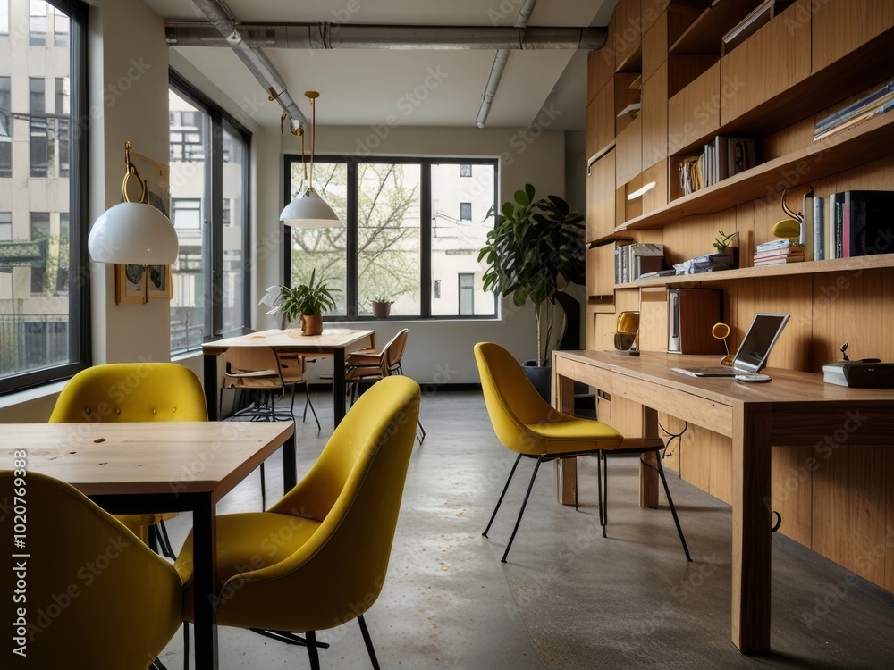 A modern working space with a marble table and yellow chairs A modern working space with a marble table and yellow chairs