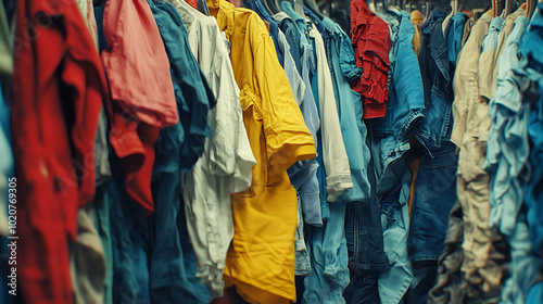 Close-up of many different clothes inside a dry cleaning service facility. 