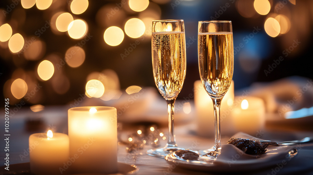Two champagne flutes on a beautifully set dinner table, illuminated by soft candlelight, creating a warm, festive ambiance. Two champagne flutes on a beautifully set dinner table, illuminated by soft candlelight, creating a warm, festive ambiance.