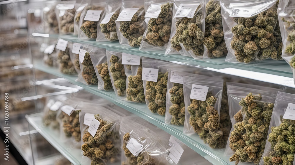 Cannabis packed in plastic sealed on a shelf Cannabis packed in plastic sealed on a shelf