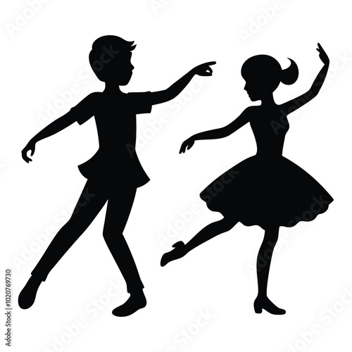 Silhouette of Boy and Girl Dancing Gracefully in Ballet Pose, Charming Silhouette of Children Performing a Ballet Dance