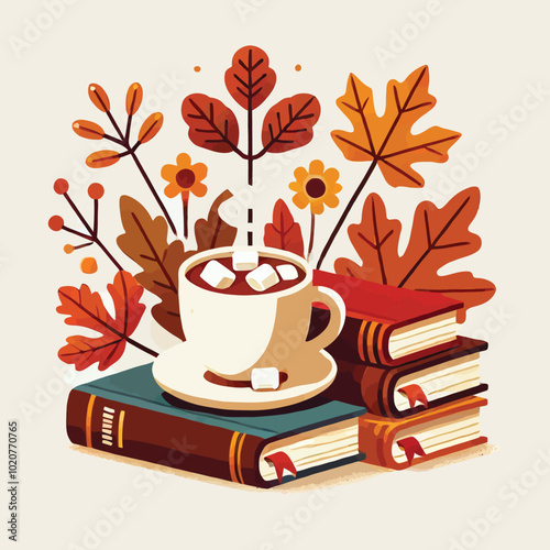 A cup of hot chocolate on a pile of books and fall leaves