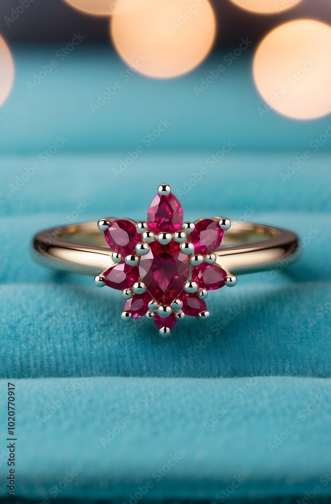 A photograph of a ring with excellent little pear cut rubys in shape of flower, ultra realistic, ultra detailed, professional photography focused on the ring , on a rich turquoise velvet fabric A photograph of a ring with excellent little pear cut rubys in shape of flower, ultra realistic, ultra detailed, professional photography focused on the ring , on a rich turquoise velvet fabric