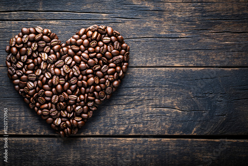 Closeup fresh roasted Arabian or aroma coffee beans on shape of heart. Organic coffee concept background. Top view, flat lay backdorp with copy space photo