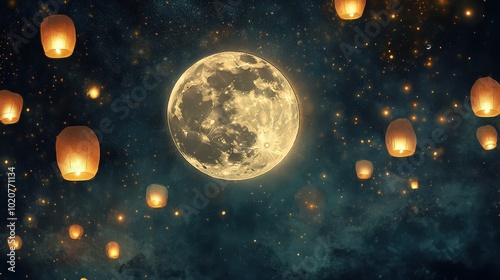 Magical night sky with glowing moon and lanterns