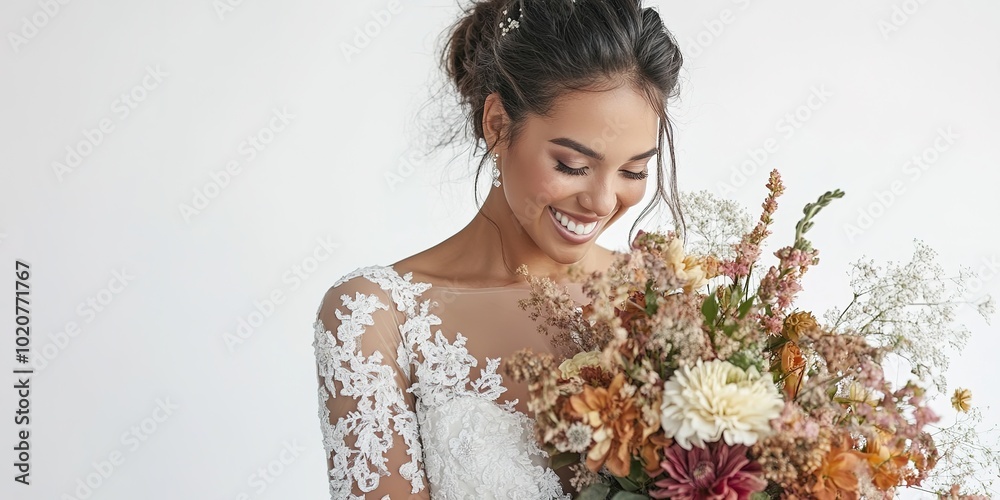 Smiling bride holding bouquet with copy space Smiling bride holding bouquet with copy space