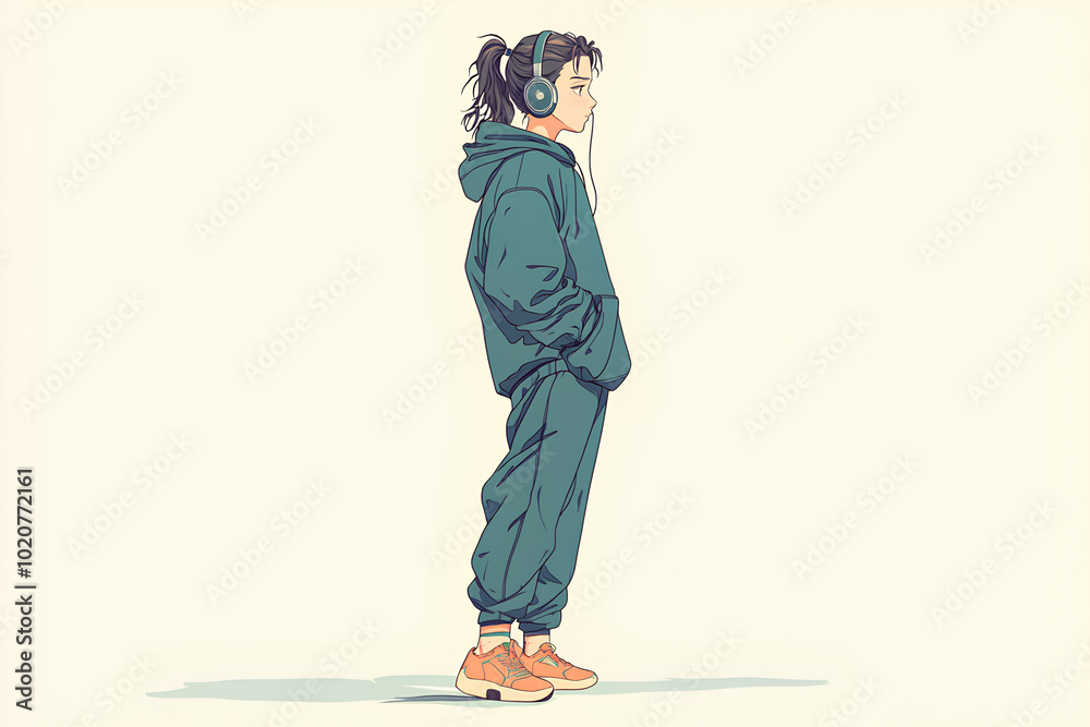 Fototapeta premium Side view of trap boy in tracksuit walking with hands in her pockets and listening music