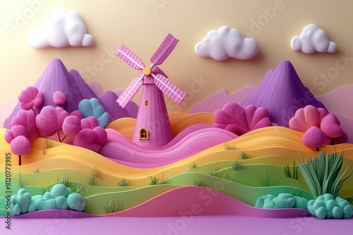 Colorful Dreamscape with Windmill, Hills, and Flowers