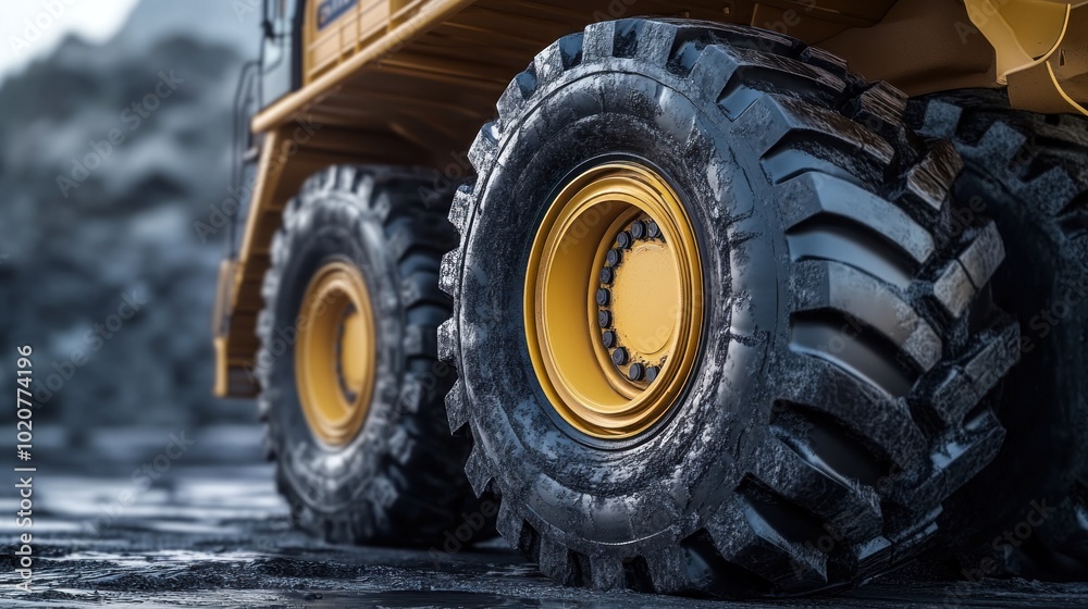 Closeup of a Massive Tire on a Yellow Dump Truck Closeup of a Massive Tire on a Yellow Dump Truck