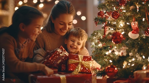 Family celebrates Christmas by the tree, surrounded by presents, warm fire and holiday decorations in a cozy living room