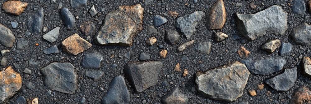 Asphalt road surface with rough texture, small rocks embedded, showcasing urban wear and tear, inviting exploration and adventure Asphalt road surface with rough texture, small rocks embedded, showcasing urban wear and tear, inviting exploration and adventure