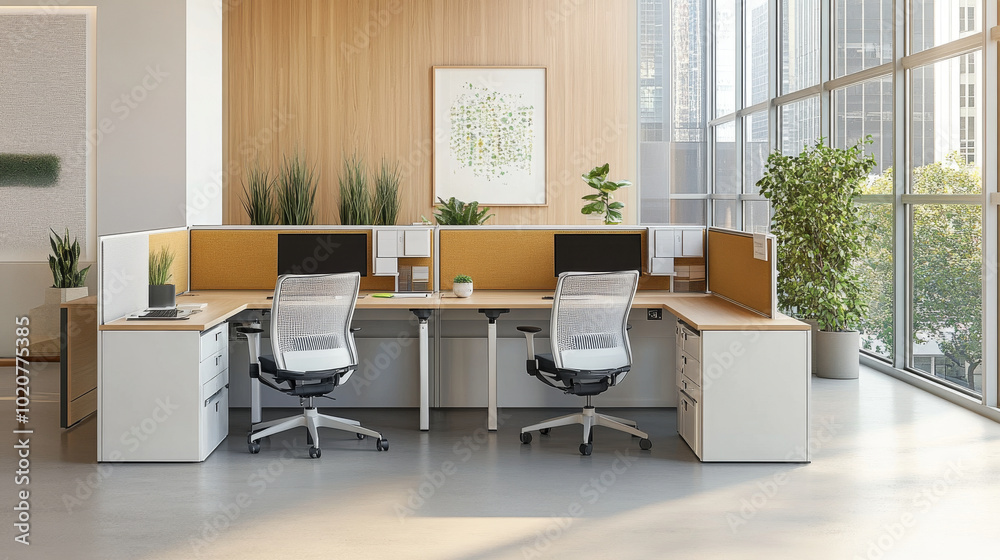 Compact office interior with clean lines, modular furniture, and smart storage, designed for both style and function Compact office interior with clean lines, modular furniture, and smart storage, designed for both style and function