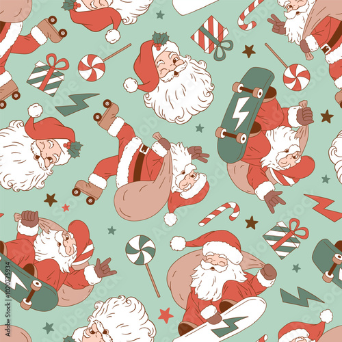 Seamless vector pattern with cute vintage Santa Claus on roller skate, skate board and snowboard. Hand drawn Christmas background. Perfect for textile, wallpaper or print design. EPS10 vector file.