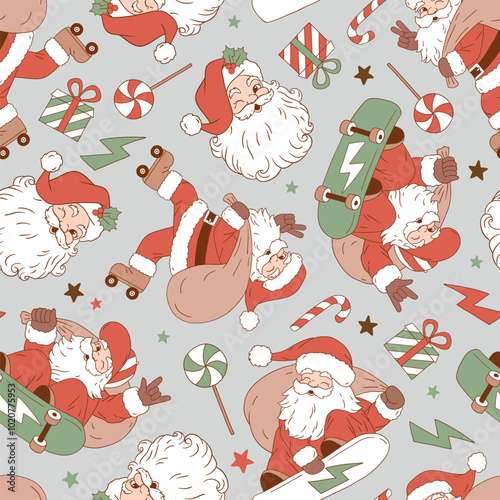 Seamless vector pattern with cute vintage Santa Claus on roller skate, skate board and snowboard. Hand drawn Christmas background. Perfect for textile, wallpaper or print design. EPS10 vector file.