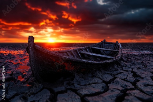 A lone wooden boat is stranded on parched, cracked ground as a dramatic, fiery sunset paints the sky in shades of orange and red, symbolizing solitude and desolation. photo