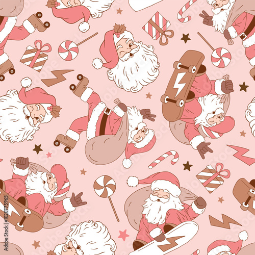 Seamless vector pattern with cute vintage Santa Claus on roller skate, skate board and snowboard. Hand drawn Christmas background. Perfect for textile, wallpaper or print design. EPS10 vector file.