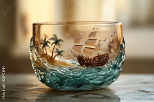 Intricately Designed Glass Bowl with Sailing Ship and Tropical Island Scene photo