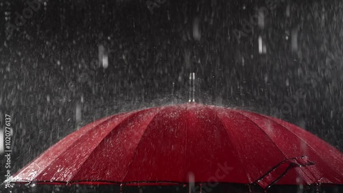 Red umbrella in the rain on a black background, slow mo