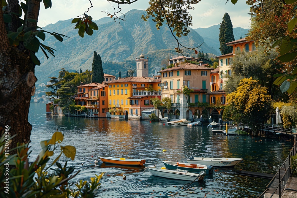 Fototapeta premium A charming village by the lake features colorful buildings reflecting on the water. Boats are gently moored, surrounded by lush greenery and majestic mountains, creating a peaceful afternoon setting