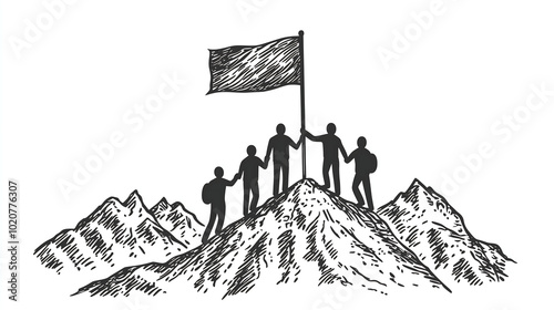 hand drawn illustration of a team of four people standing on the summit of a mountain holding hands and raising a flag symbolizing teamwork and achievement