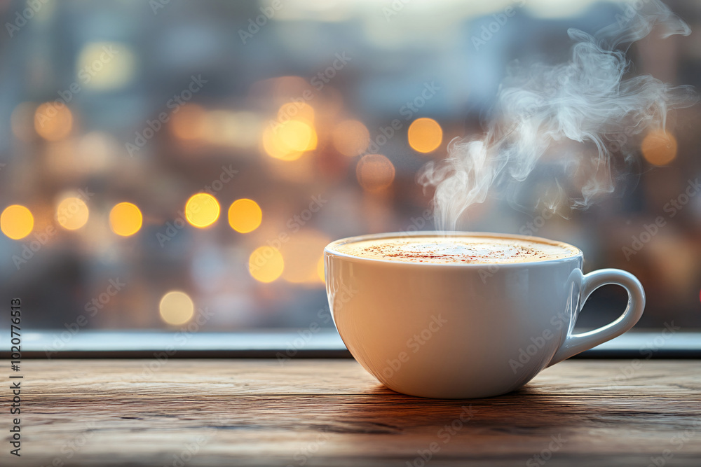 Obraz premium Cup of hot morning coffee on windowsill of cottage. Mug of cappuccino with cosy knitted blanket by window. Winter frosty snowy forest landscape. Concept home warmth and comfort copy space