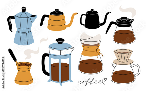 Coffee makers. French press filter and cezve for turkish coffee, chemex, moka pot. Cafe or bakery equipment for morning energy hot drinks, Flat cartoon vector set.