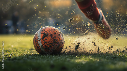 close-up of a football being kicked during a game, with the turf flying up in the background, highlighting the power of the kick