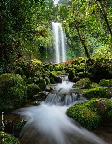 Tranquil waterfall in lush forest
