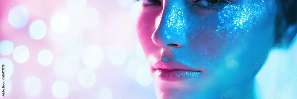 Glittering blue and pink makeup on face Glittering blue and pink makeup on face