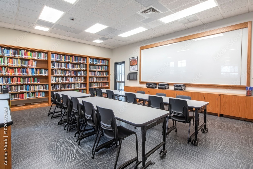 Classroom with a whiteboard, bookshelf, and tables and chairs Classroom with a whiteboard, bookshelf, and tables and chairs
