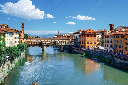 The Arno River flows gently through Florence, surrounded by historic architecture. People enjoy the waterfront, while clouds drift above under a bright blue sky