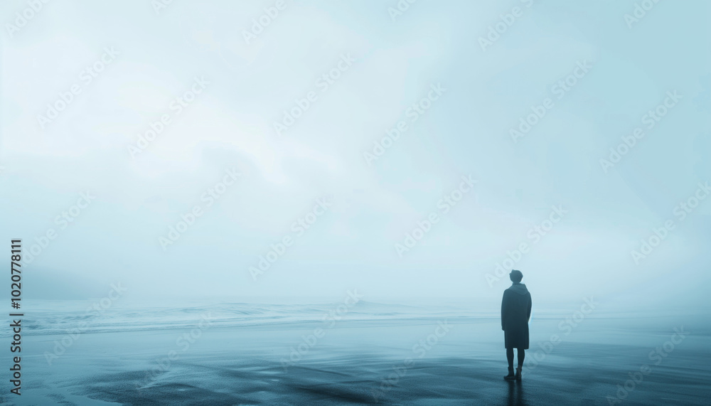 Solitary Figure on a Foggy Beach at Dawn - Atmospheric Loneliness and Reflection Photograph Solitary Figure on a Foggy Beach at Dawn - Atmospheric Loneliness and Reflection Photograph
