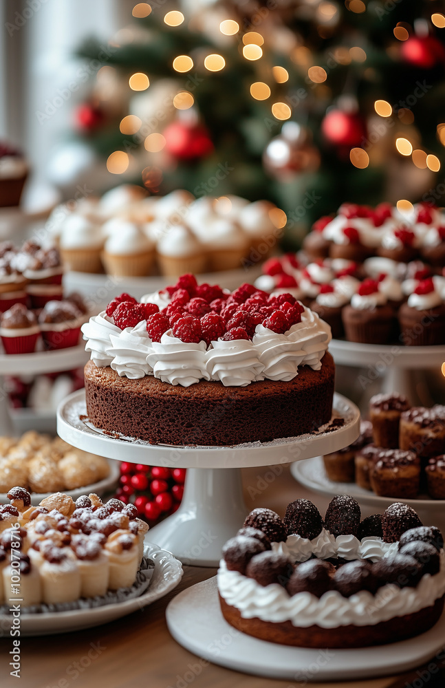 Christmas cakes and sweets on a table against the blurred background of a Christmas tree in a living room Christmas cakes and sweets on a table against the blurred background of a Christmas tree in a living room