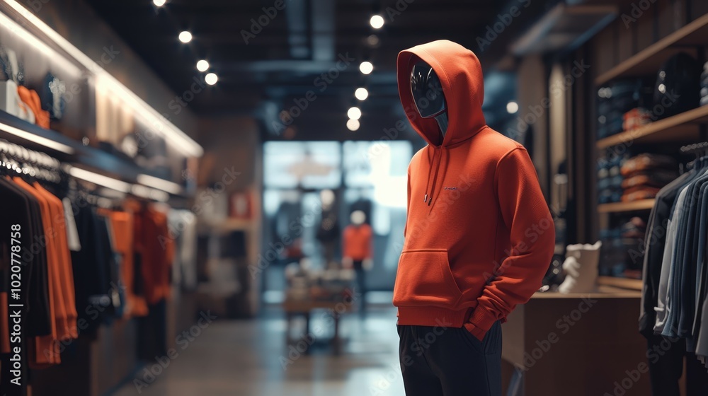 person in orange hoodie standing in clothing store person in orange hoodie standing in clothing store