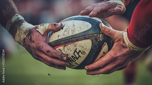 close-up of a rugby ball being passed between players, with the players' hands and expressions in sharp focus, conveying teamwork and intensity