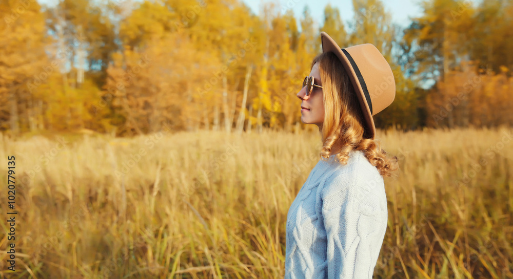 Beautiful young woman in autumn park, stylish modern girl looking away outdoors, with yellow leaves Beautiful young woman in autumn park, stylish modern girl looking away outdoors, with yellow leaves