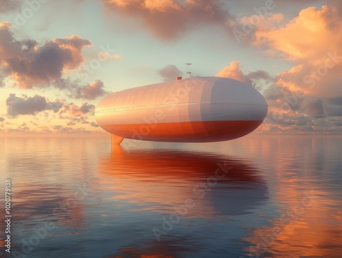 Futuristic Airship Floating on Water, Sunset photo