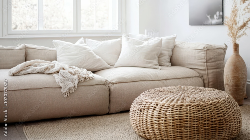 Cozy and inviting living room with plush seating and natural decor Cozy and inviting living room with plush seating and natural decor