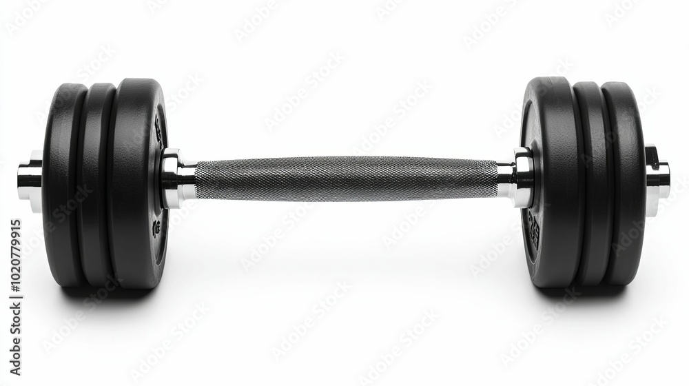 Black Dumbbell with Chrome Handle and Multiple Weight Plates