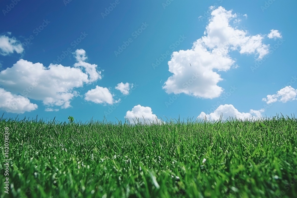 Lush Green Grass Against a Bright Blue Sky with Fluffy White Clouds Lush Green Grass Against a Bright Blue Sky with Fluffy White Clouds