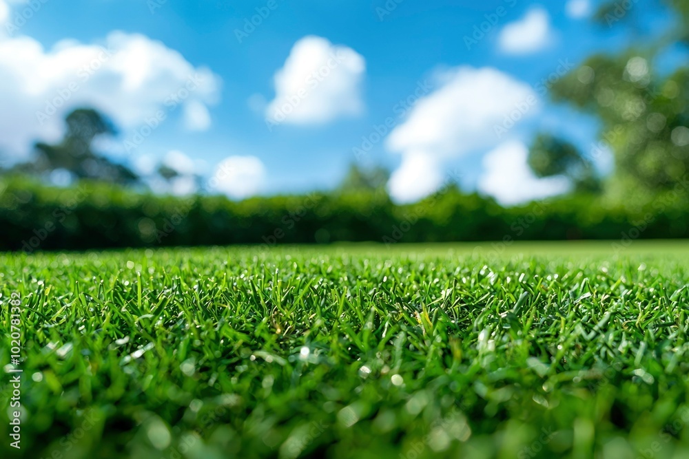 Lush Green Grass Blades in Close-Up with a Soft-Focus Sky and Foliage Background Lush Green Grass Blades in Close-Up with a Soft-Focus Sky and Foliage Background