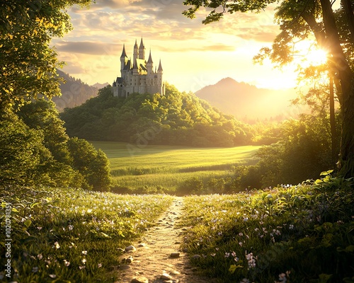 Majestic castle perched on a grand hilltop, surrounded by verdant forests and tranquil fields.