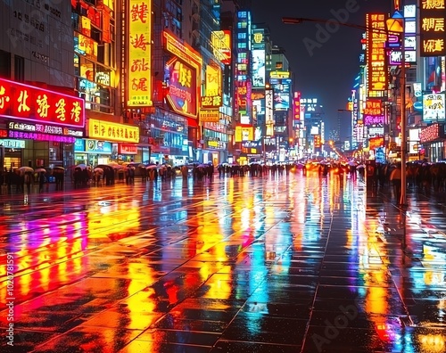 Neon lights reflect in a wet street in a bustling city.