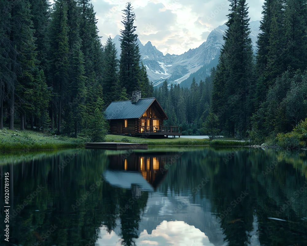 Cabin by a lake in the mountains at sunset. Cabin by a lake in the mountains at sunset.