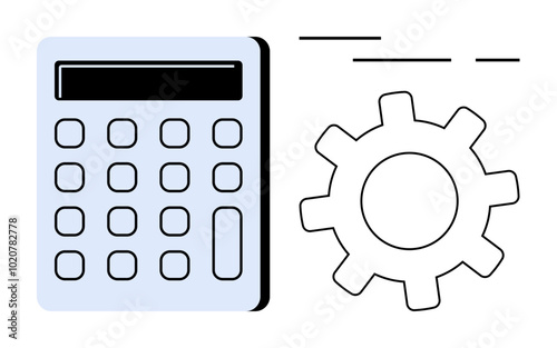 A calculator and a gear symbol next to each other Ideal for business finance, calculations technical operations financial management technological integration and system optimization Clean modern