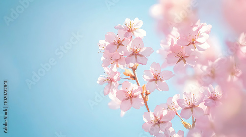 close-up of delicate cherry blossoms against a clear blue sky, capturing the essence of springtime