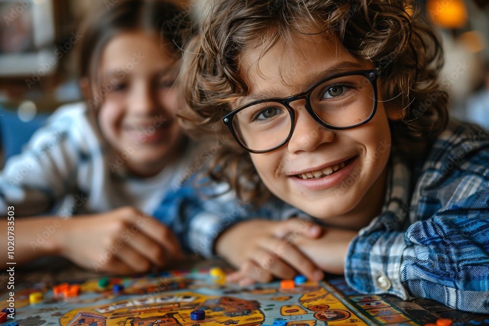 Fototapeta premium Two kids are engaged in a fun board game at a cozy cafe. One child, wearing glasses, smiles brightly, while the other leans in, both clearly enjoying their time together