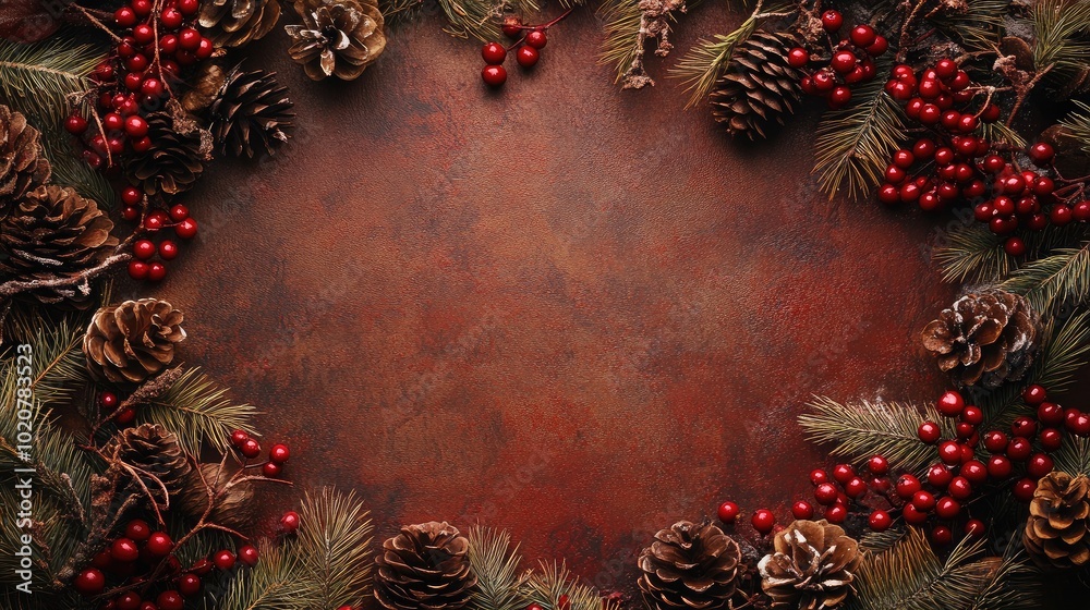 A cozy Christmas frame of red berries and pine cones arranged along the top and bottom edges, leaving the middle open for festive text or greetings.
